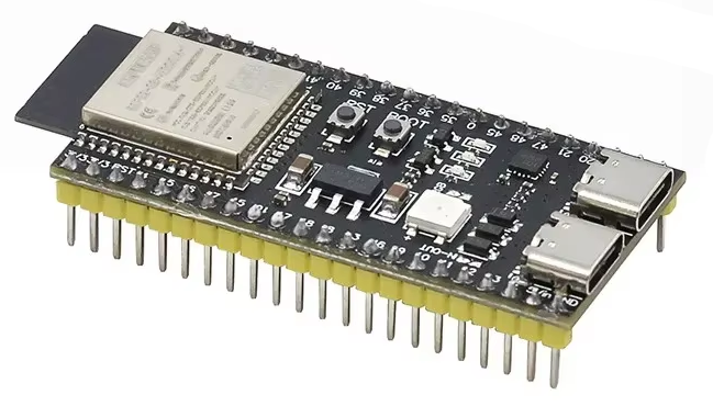 ESP32 development board, a circuit board with lots of chips and an ESP32 module at the top. This board has header pins installed too.